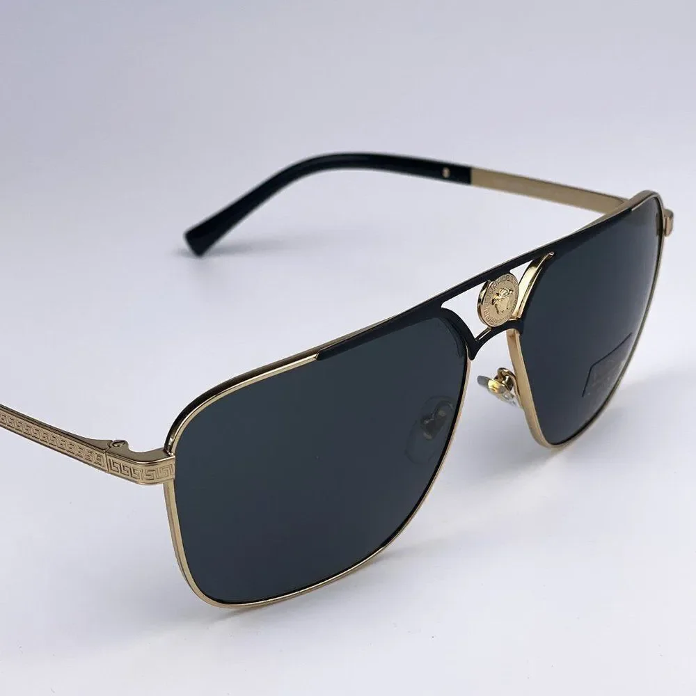 NEW Versace VE2238 143687 Gold Matte Black Gray Rectangle Metal Men Sunglasses